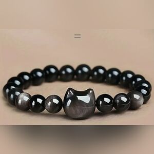 Obsidian cat’s face bracelet, stretchy women's bracelet.